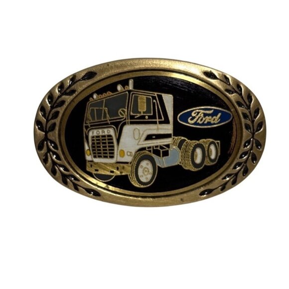 Ford Belt Buckle Heritage Oval Solid Brass Transport Truck Cabover Gold Tone - Picture 1 of 6